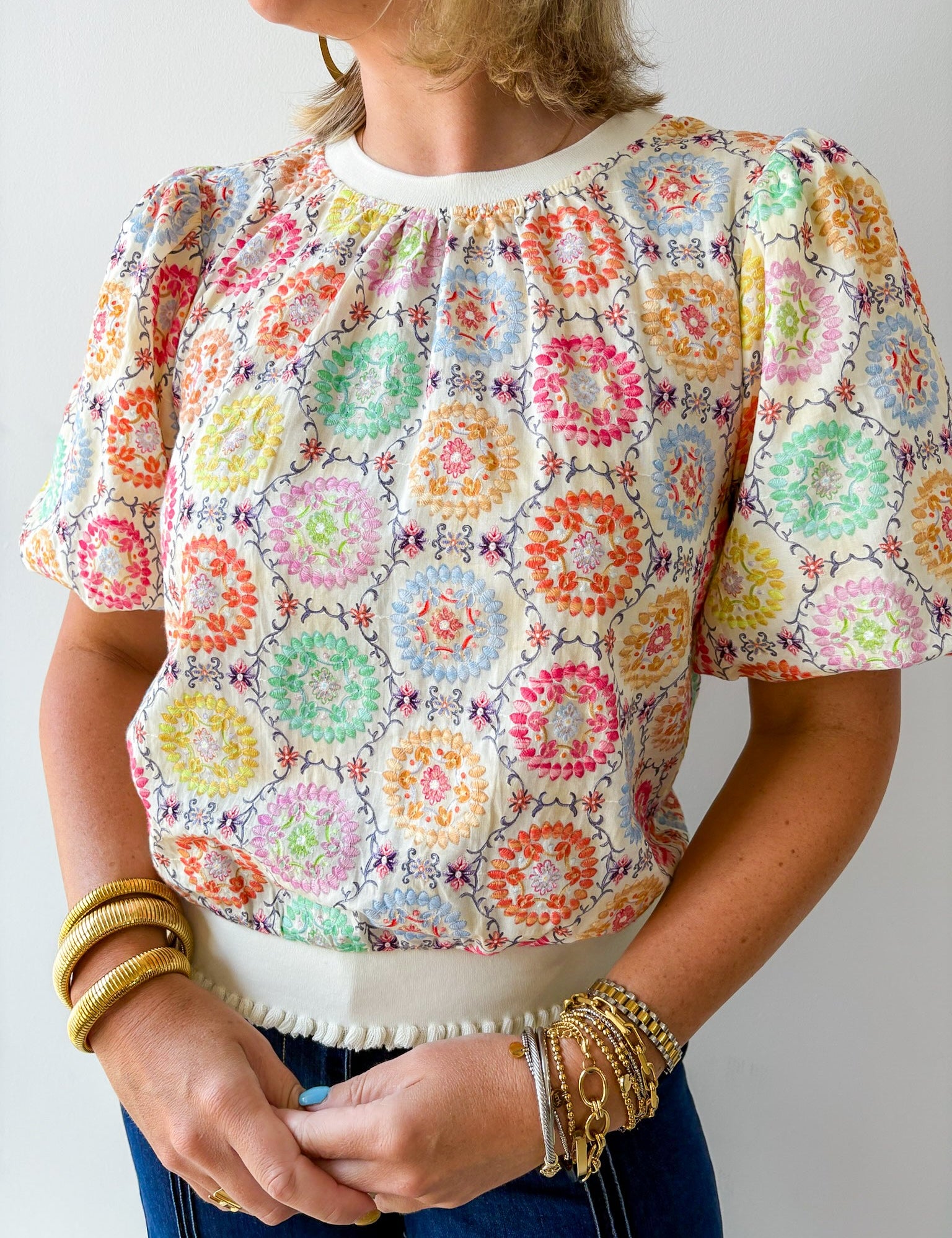 Floral Embroidery Bubble Sleeve Top