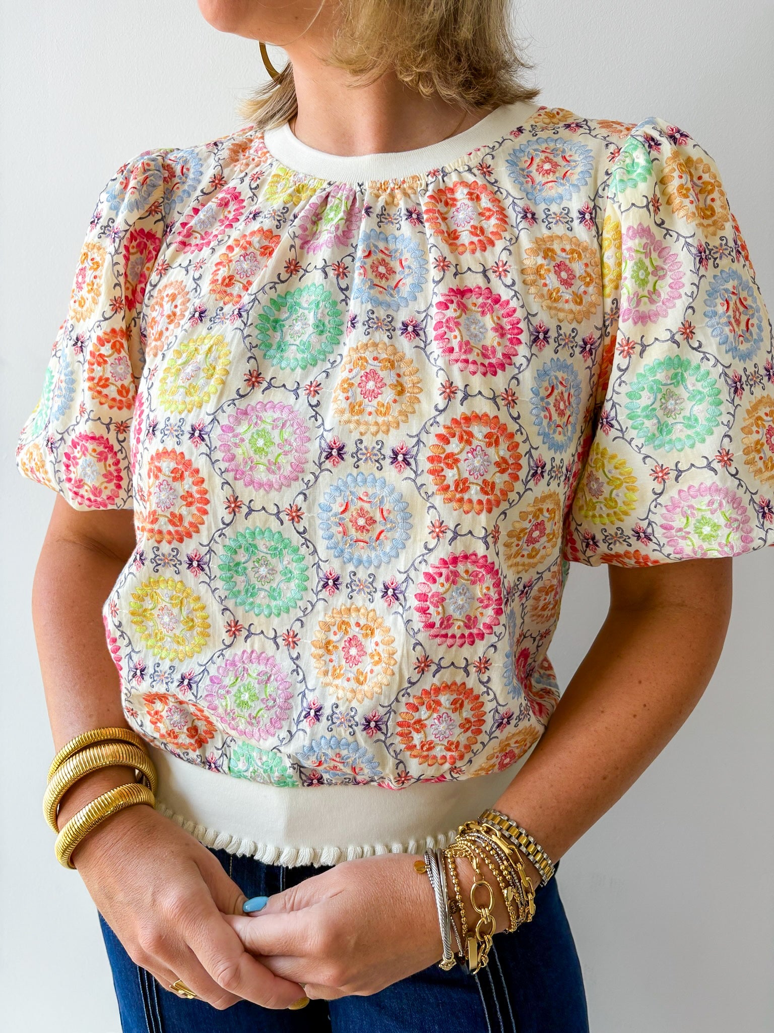 Floral Embroidery Bubble Sleeve Top