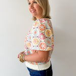 Floral Embroidery Bubble Sleeve Top