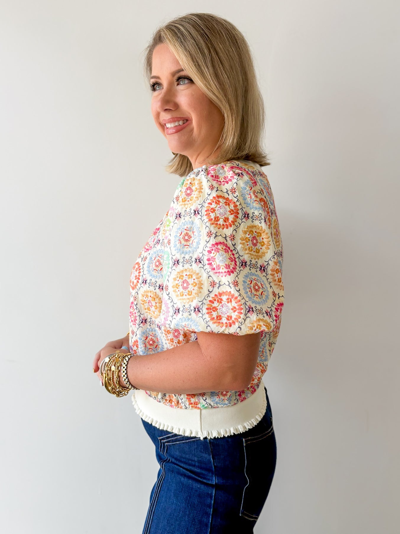 Floral Embroidery Bubble Sleeve Top