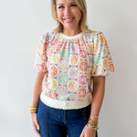 Floral Embroidery Bubble Sleeve Top