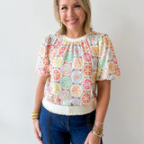 Floral Embroidery Bubble Sleeve Top