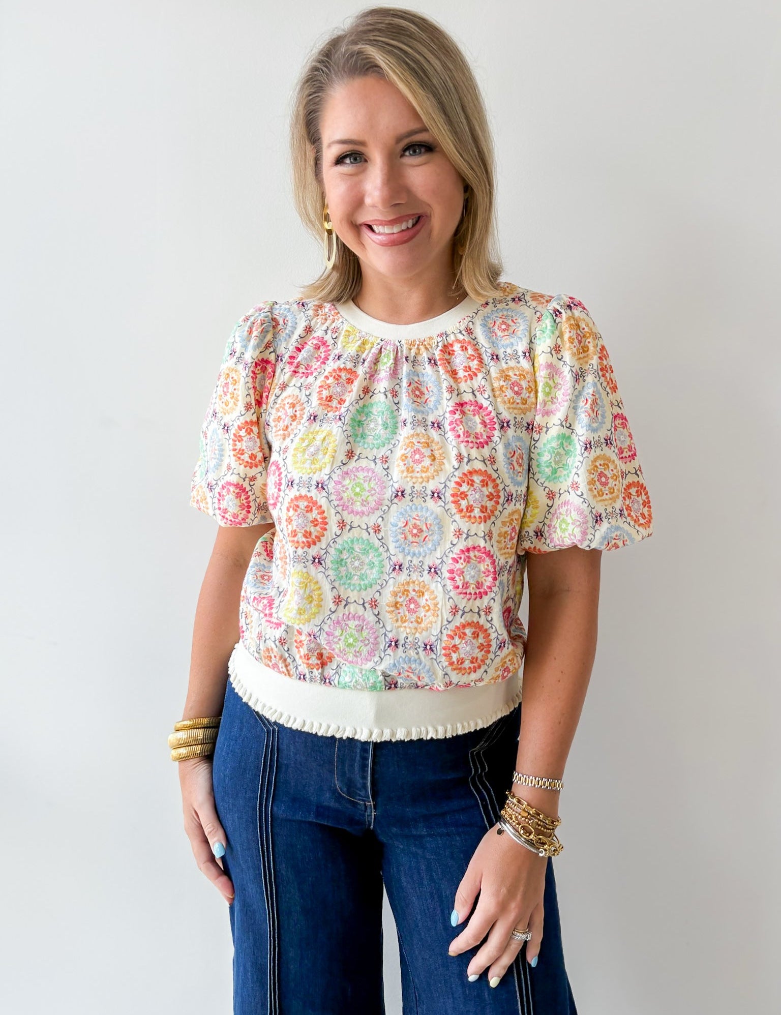 Floral Embroidery Bubble Sleeve Top