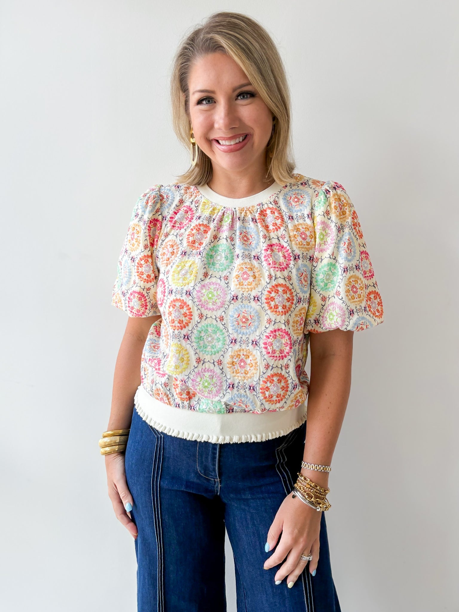 Floral Embroidery Bubble Sleeve Top