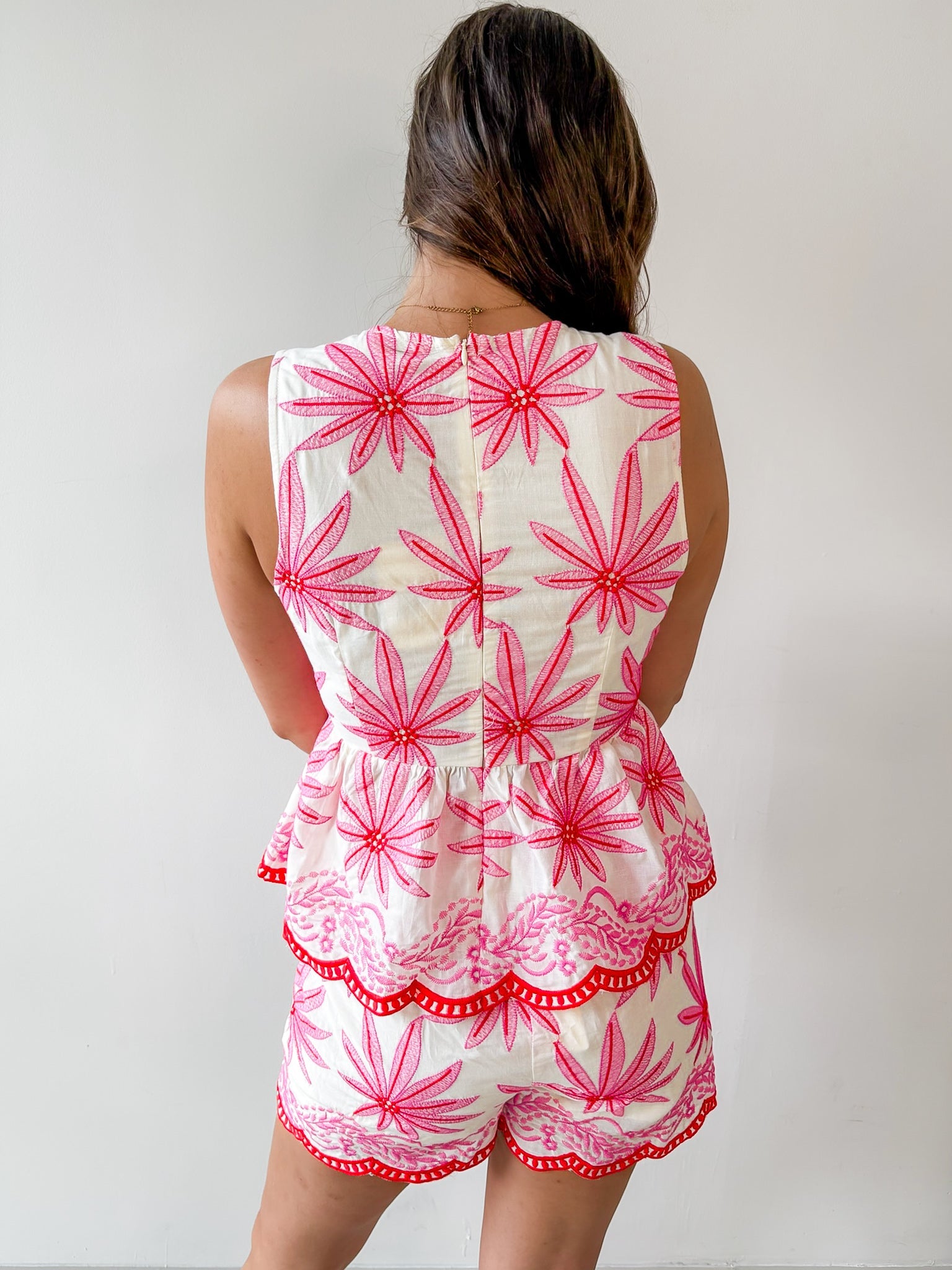 Floral Embroidery Peplum Top & Short Set