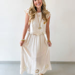 Floral Eyelet Hem Top & Midi Skirt Set - Natural