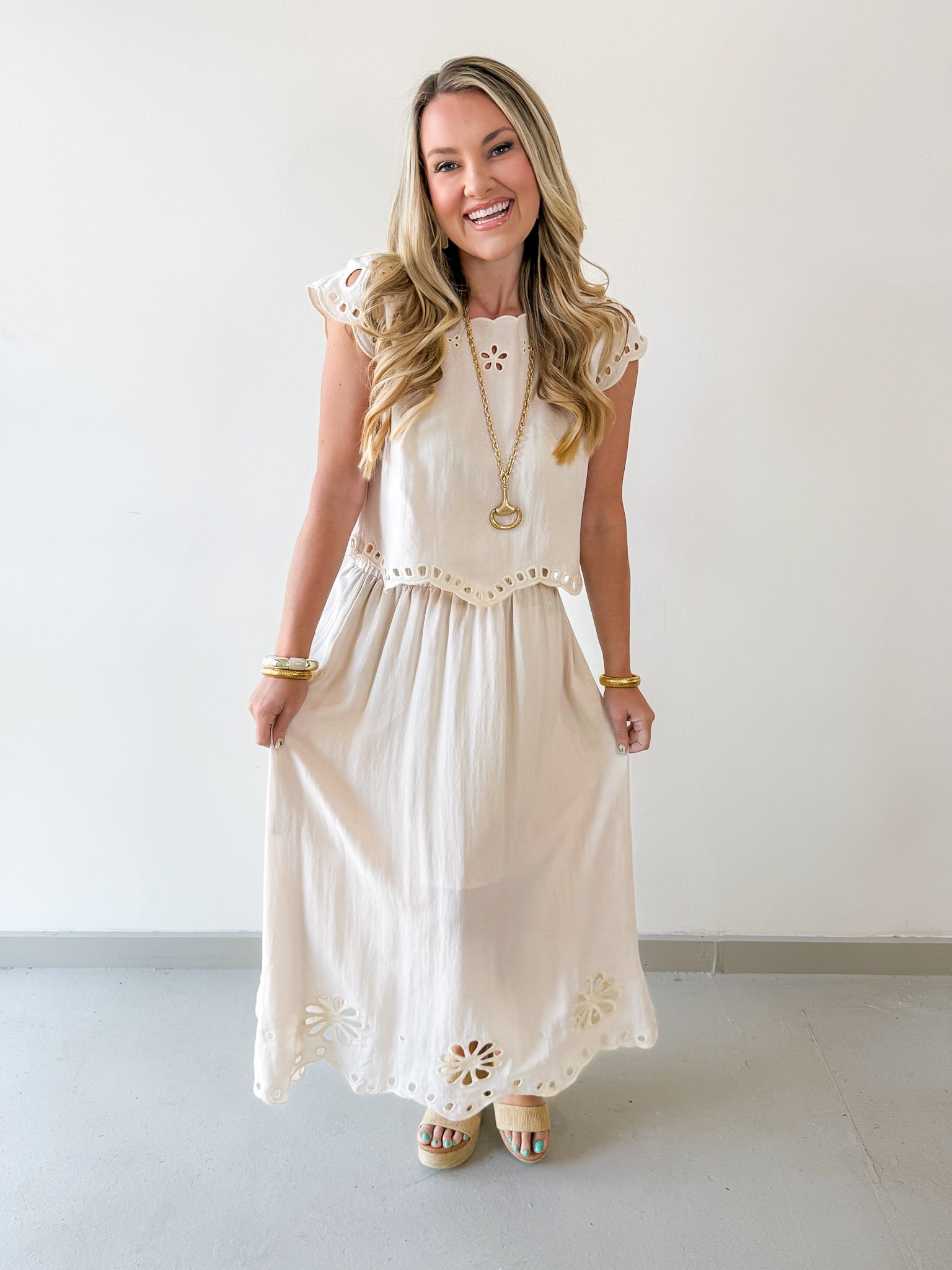 Floral Eyelet Hem Top & Midi Skirt Set - Natural