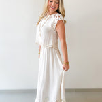 Floral Eyelet Hem Top & Midi Skirt Set - Natural