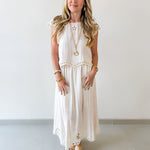 Floral Eyelet Hem Top & Midi Skirt Set - Natural