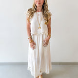 Floral Eyelet Hem Top & Midi Skirt Set - Natural