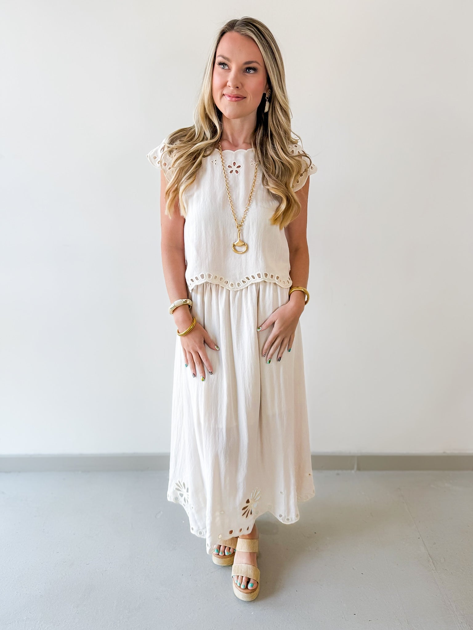 Floral Eyelet Hem Top & Midi Skirt Set - Natural