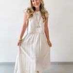 Floral Eyelet Hem Top & Midi Skirt Set - Natural