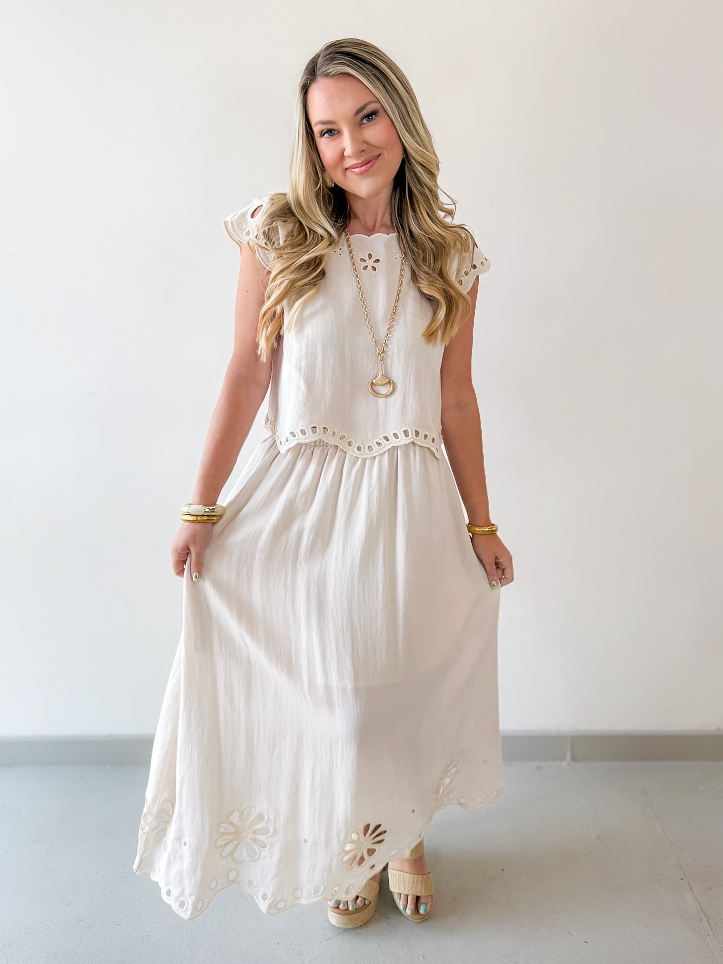 Floral Eyelet Hem Top & Midi Skirt Set - Natural