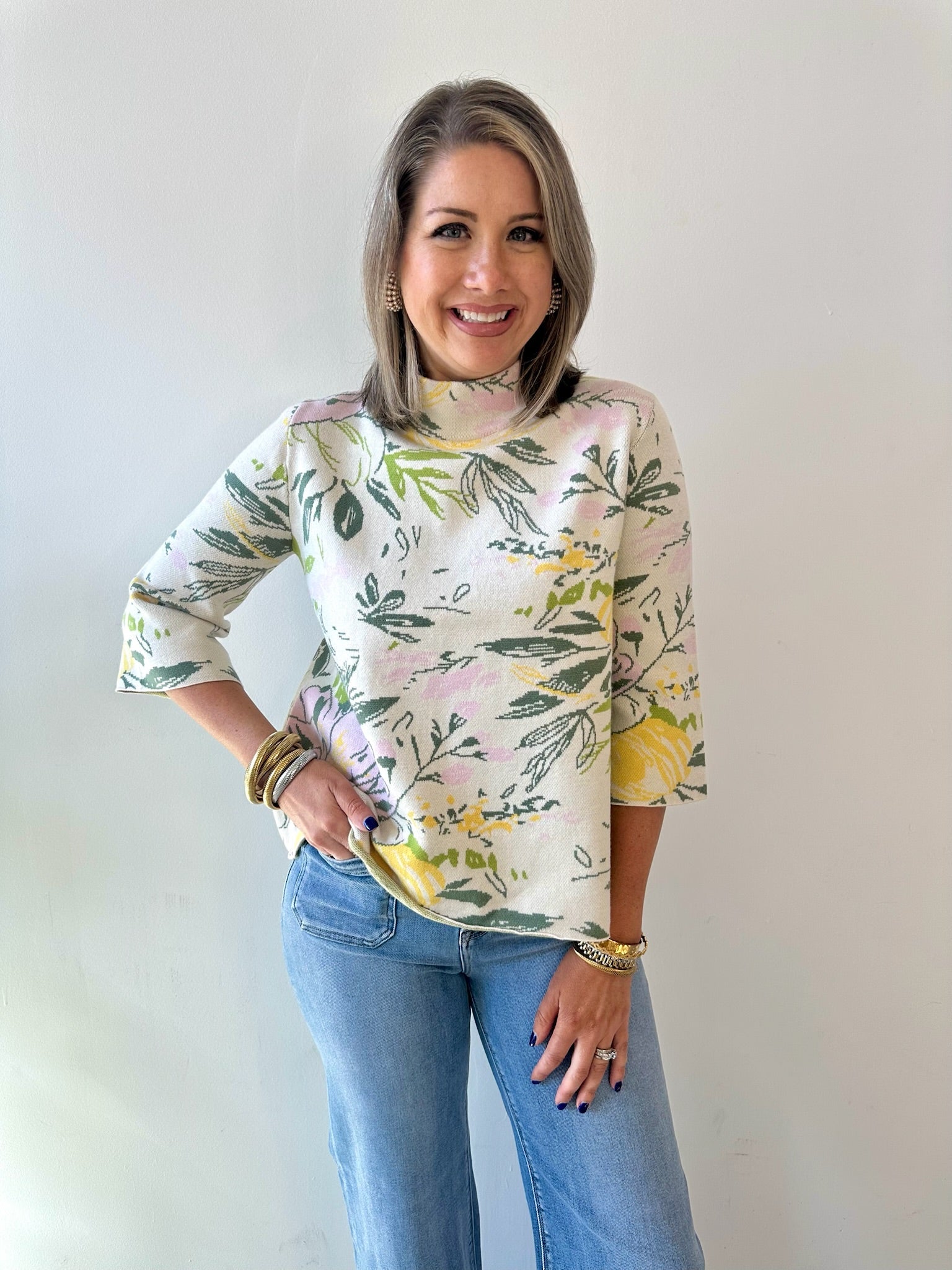 Floral Flared Sleeve Mock Neck Sweater