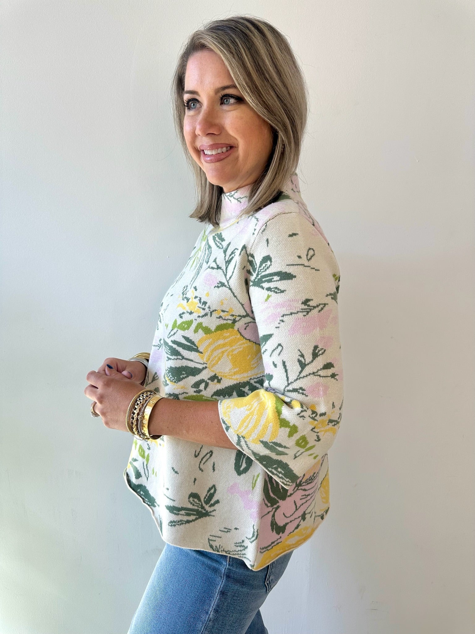 Floral Flared Sleeve Mock Neck Sweater