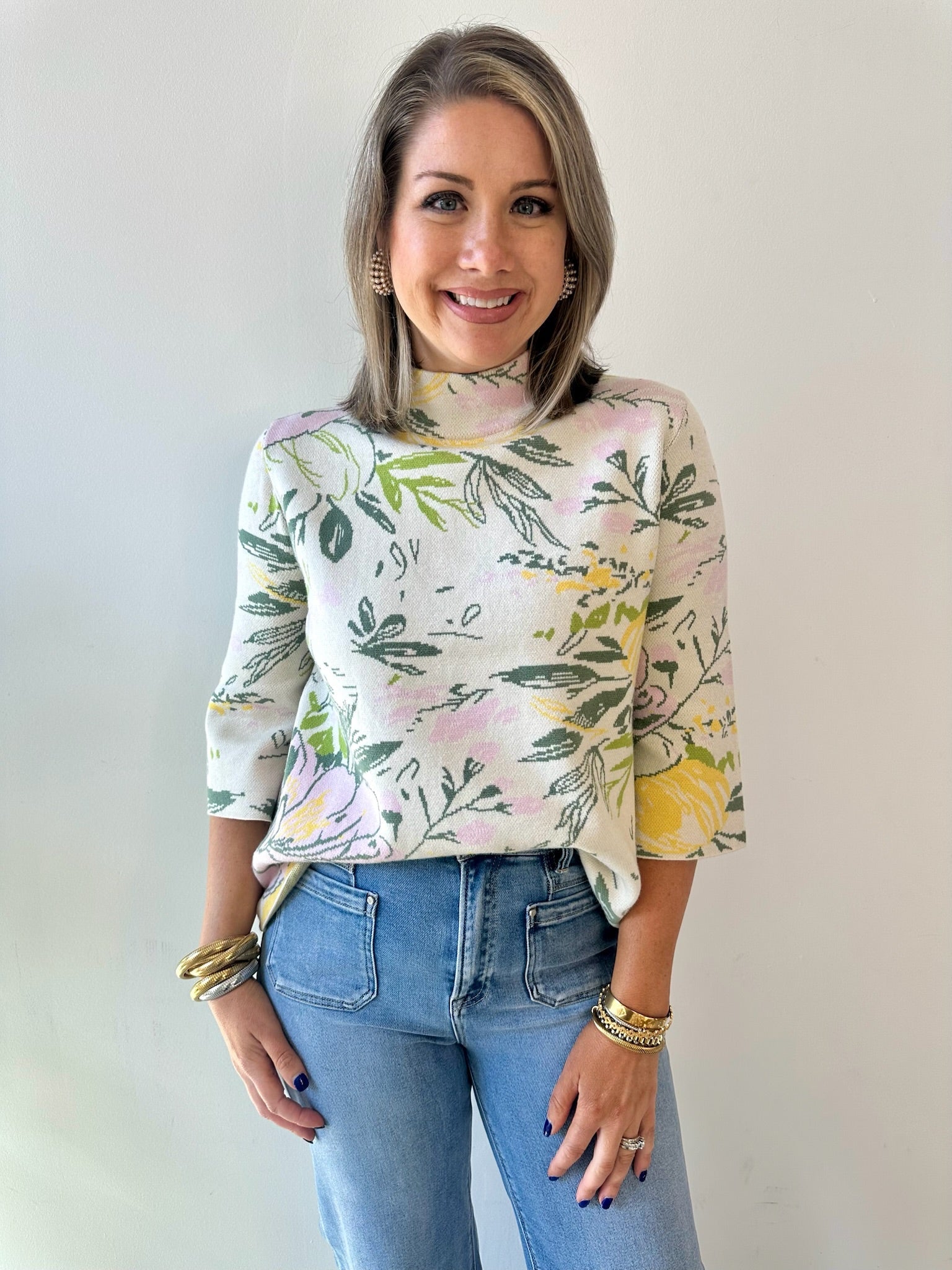 Floral Flared Sleeve Mock Neck Sweater