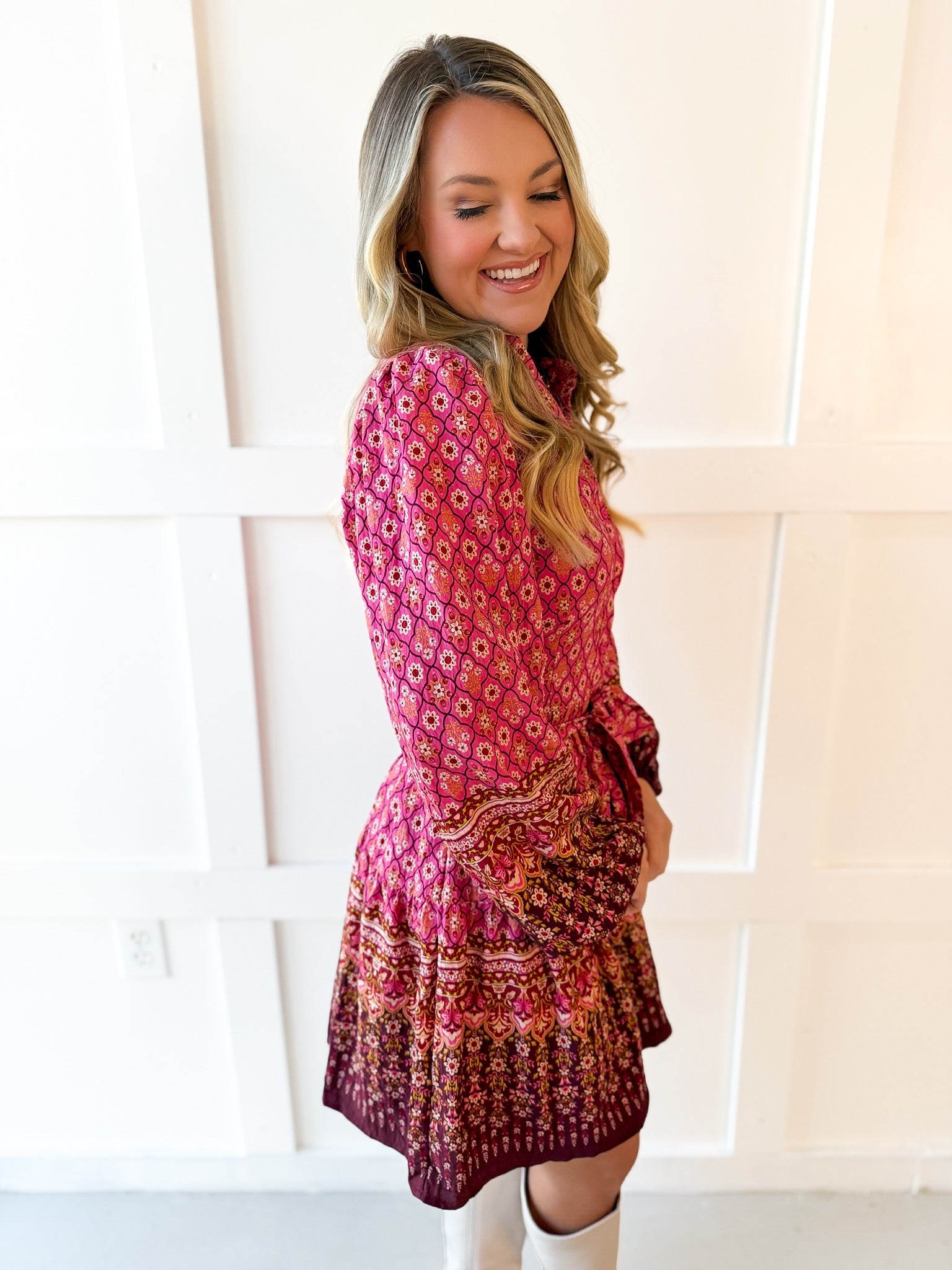Floral & Geo Border Print Dress
