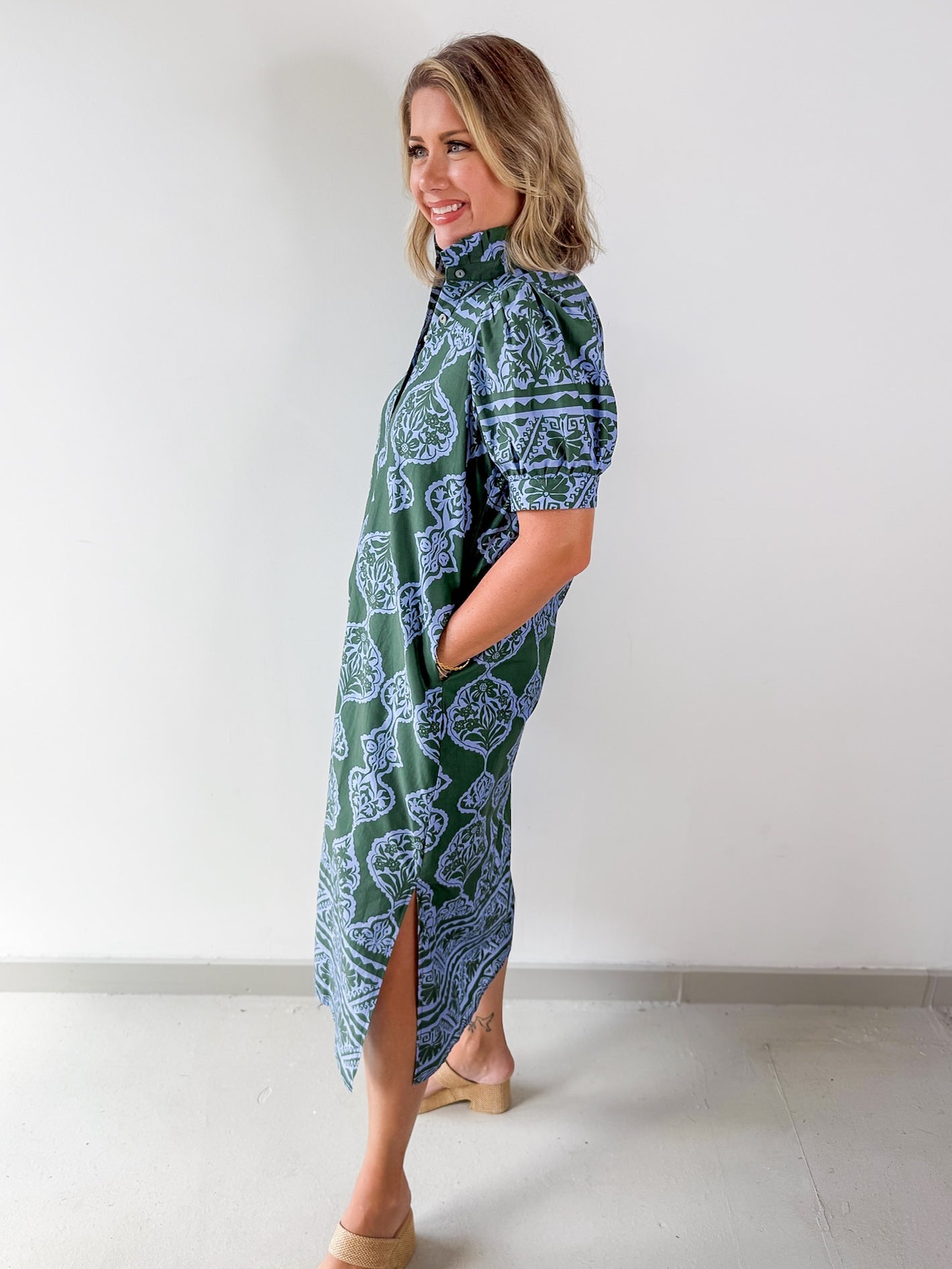 Floral Geo Print Midi Dress - Green