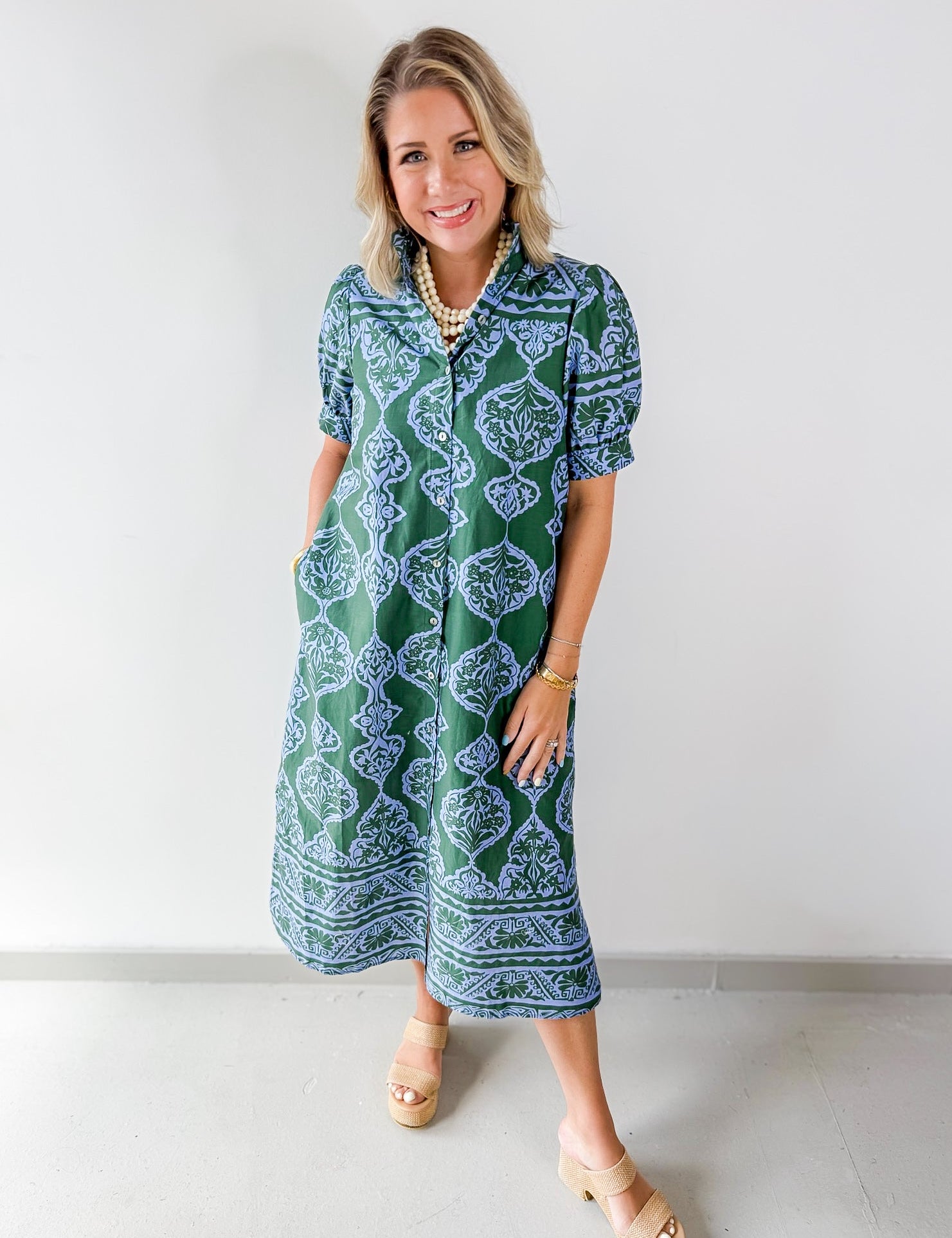 Floral Geo Print Midi Dress - Green