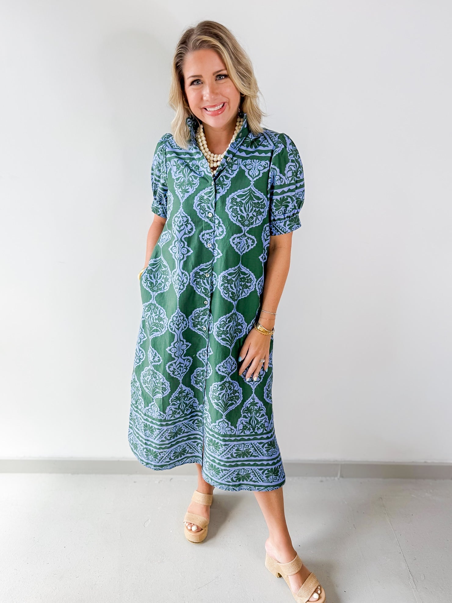 Floral Geo Print Midi Dress - Green