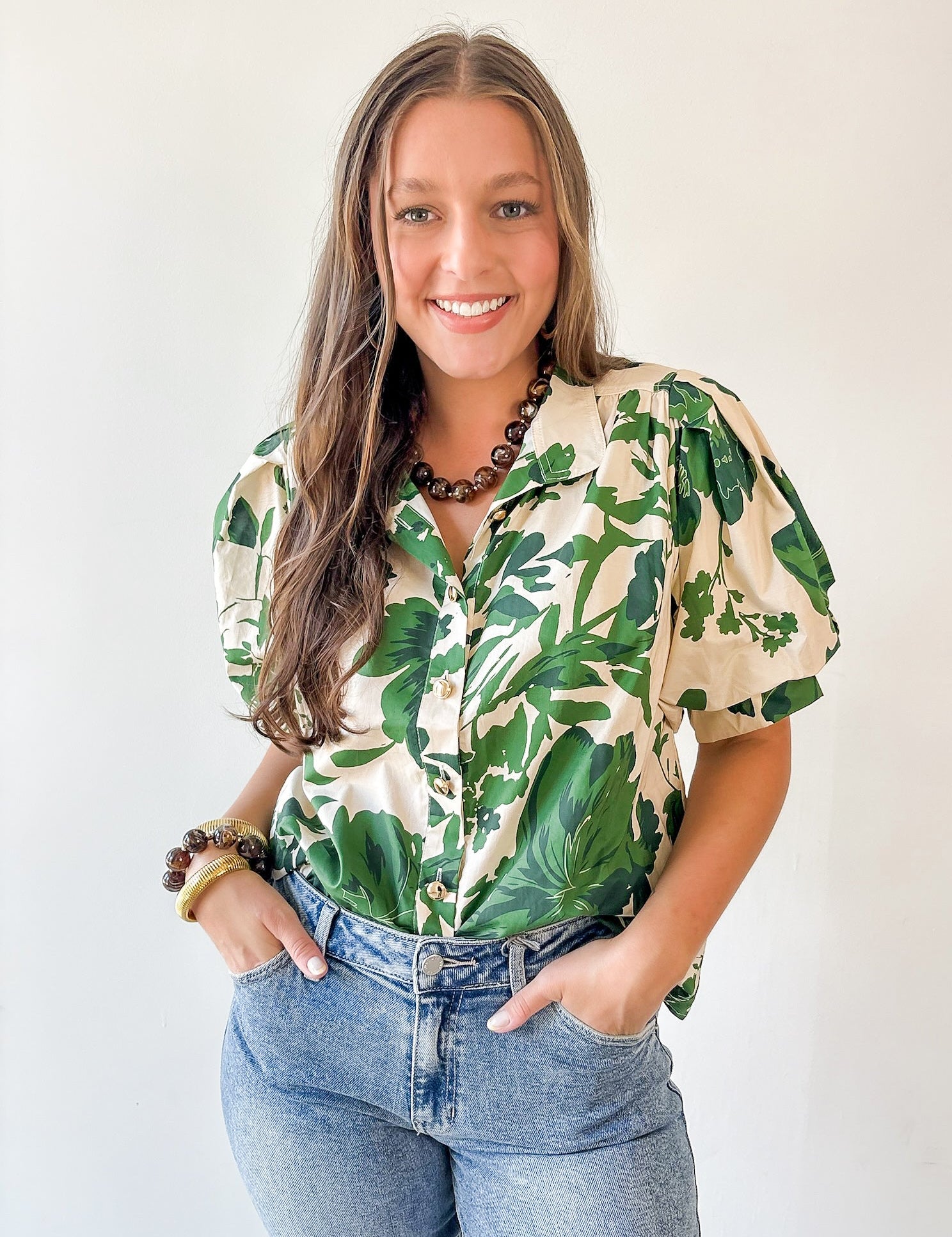 Floral High Neck Top - Olive