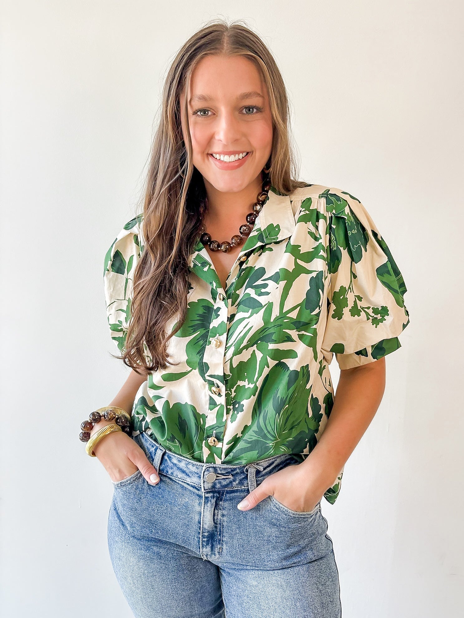 Floral High Neck Top - Olive