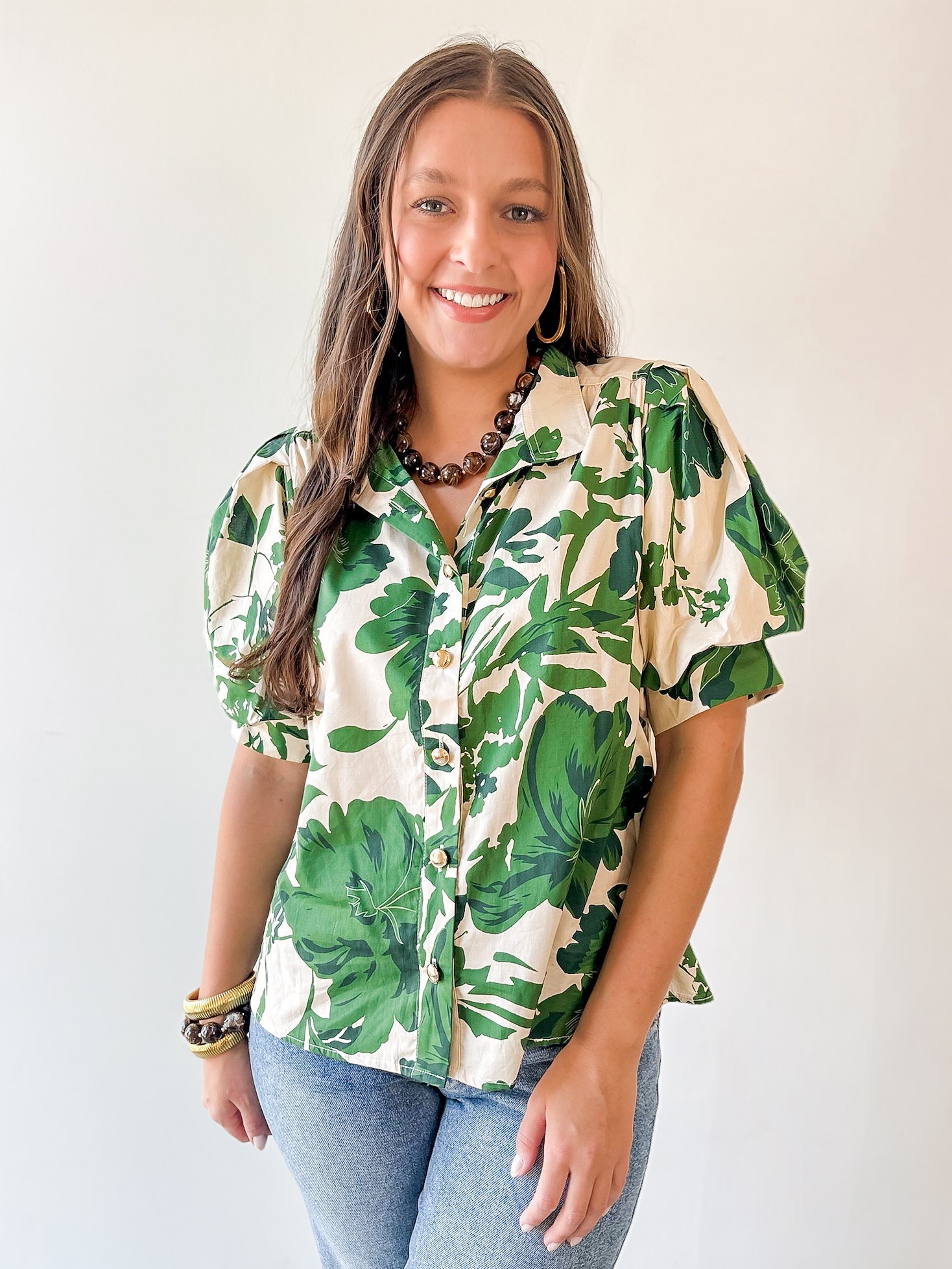 Floral High Neck Top - Olive