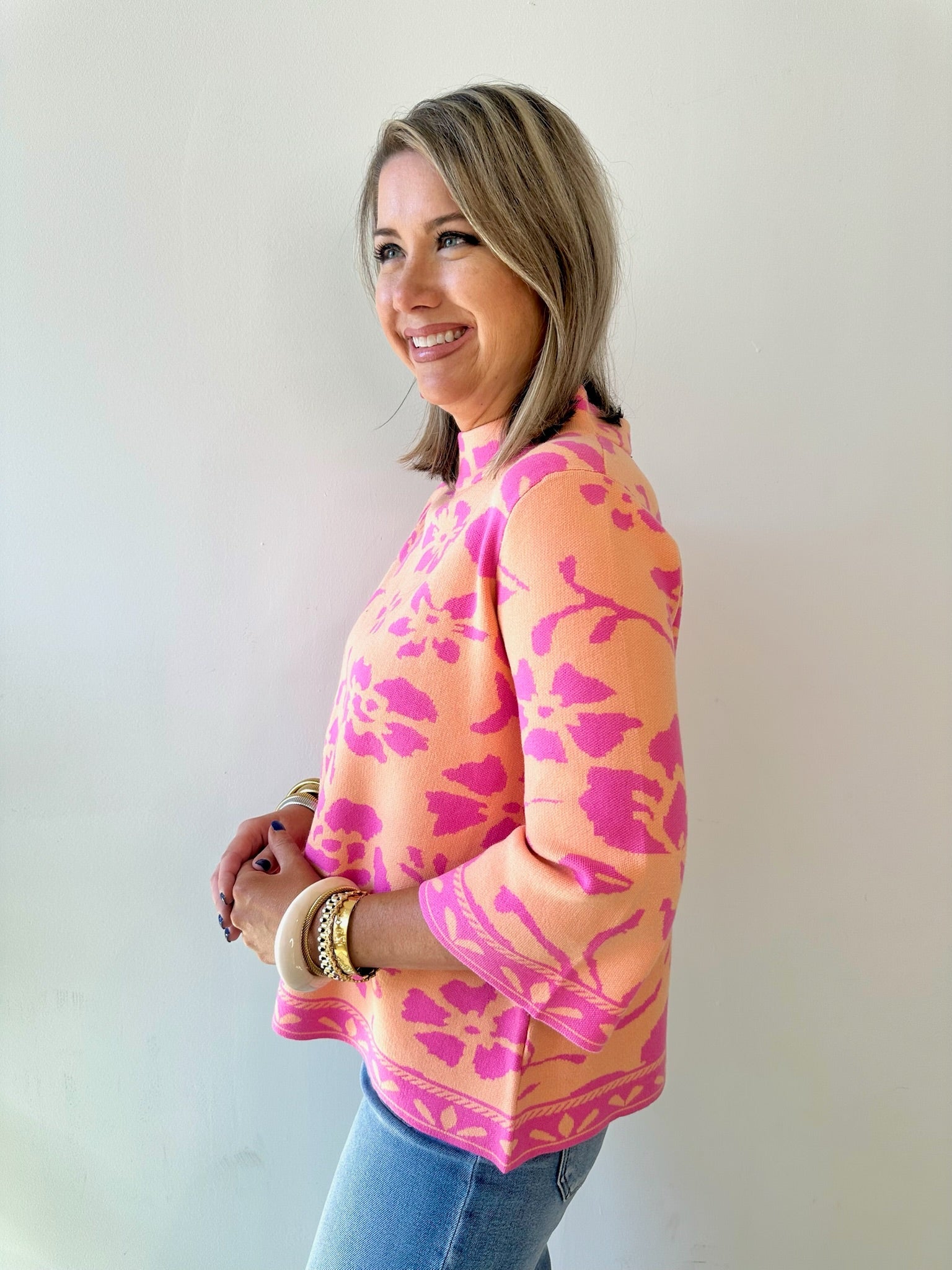 Floral Jacquard Knit Mock Neck