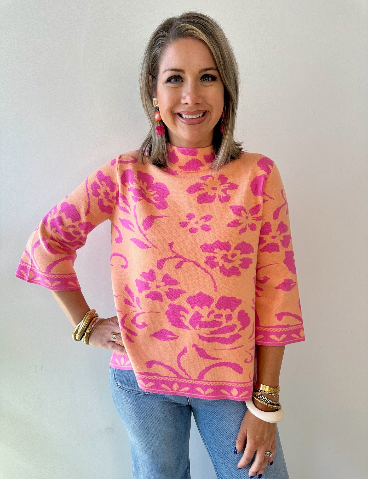 Floral Jacquard Knit Mock Neck