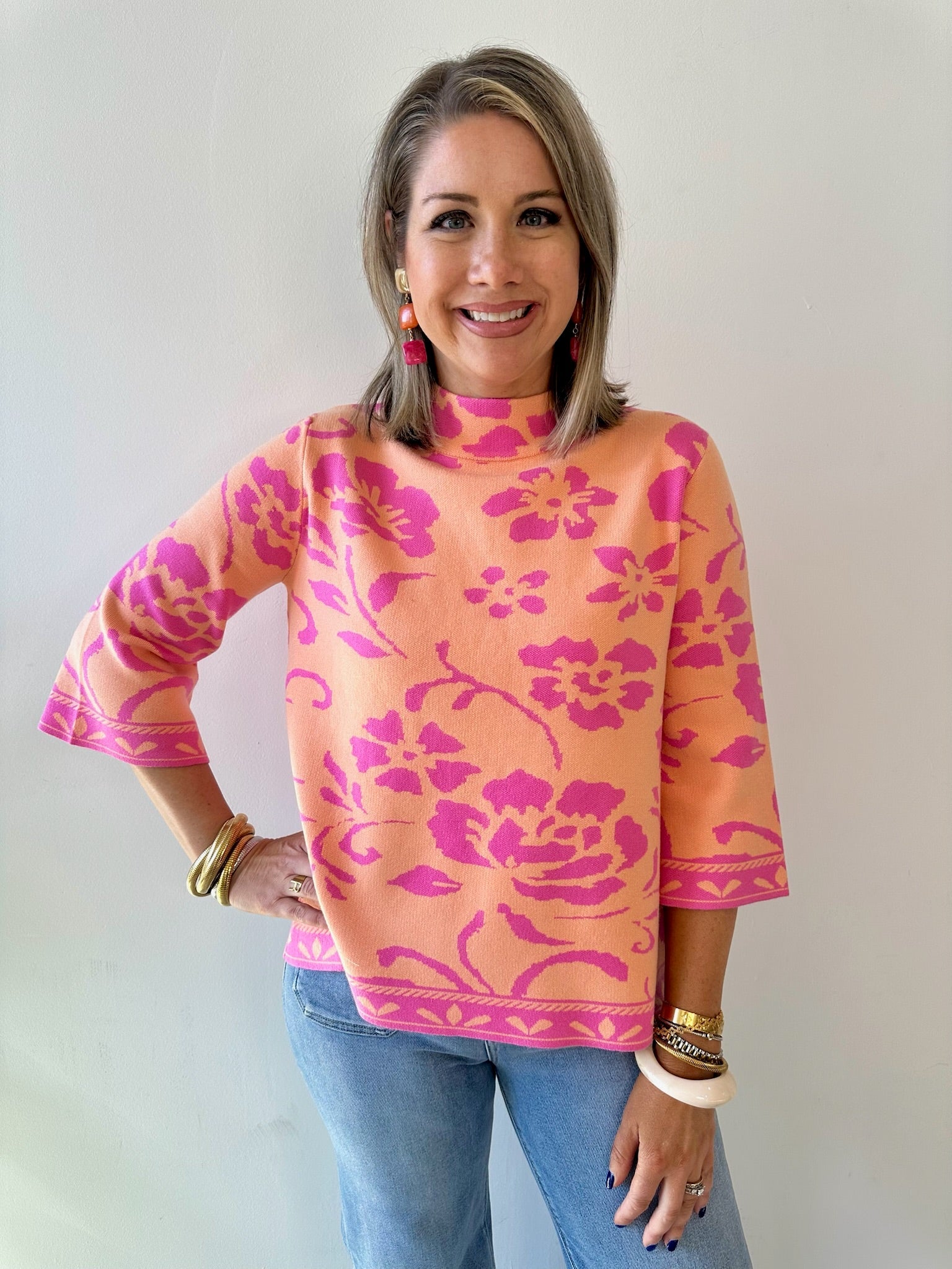 Floral Jacquard Knit Mock Neck