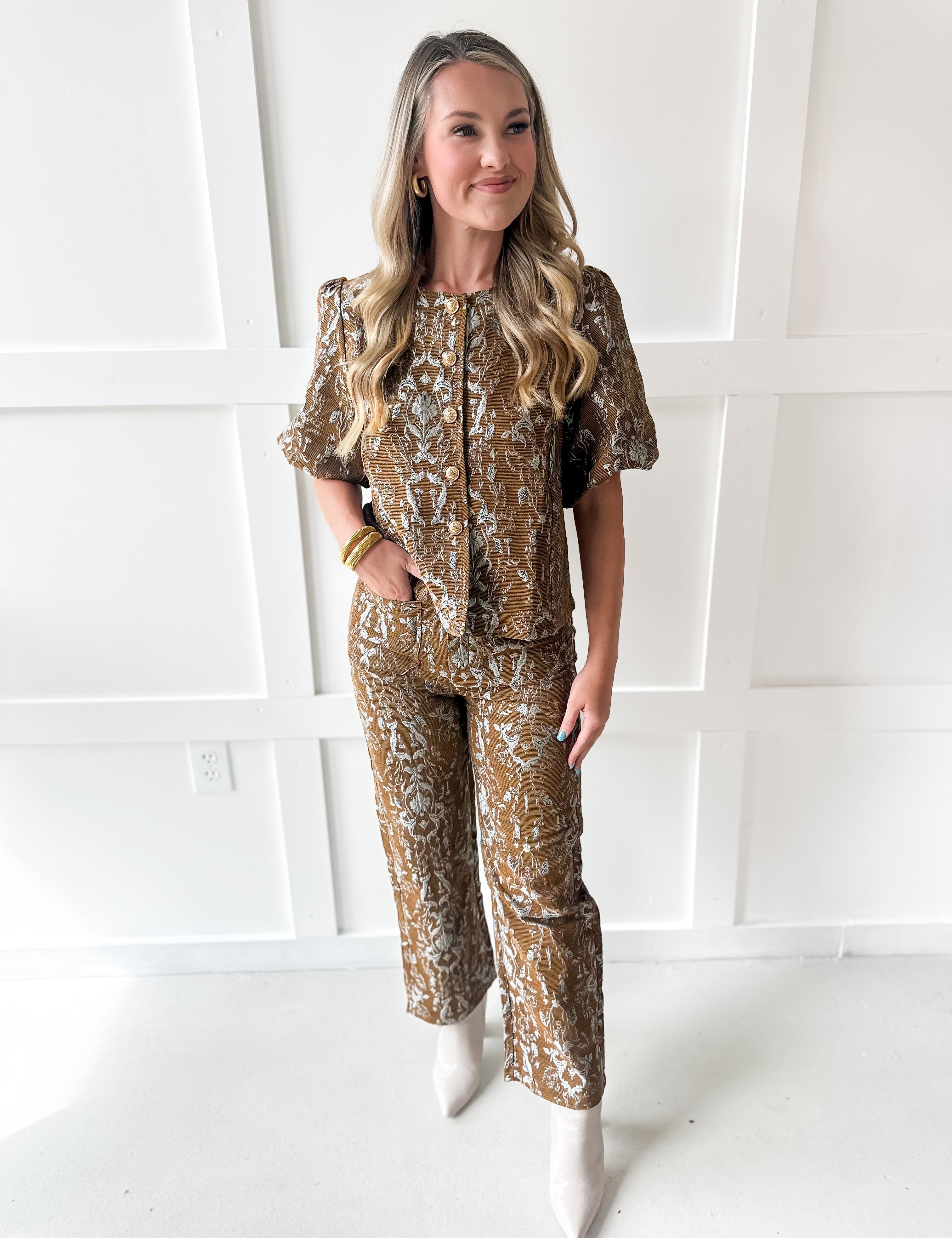 Floral Jacquard Print Pants - Brown