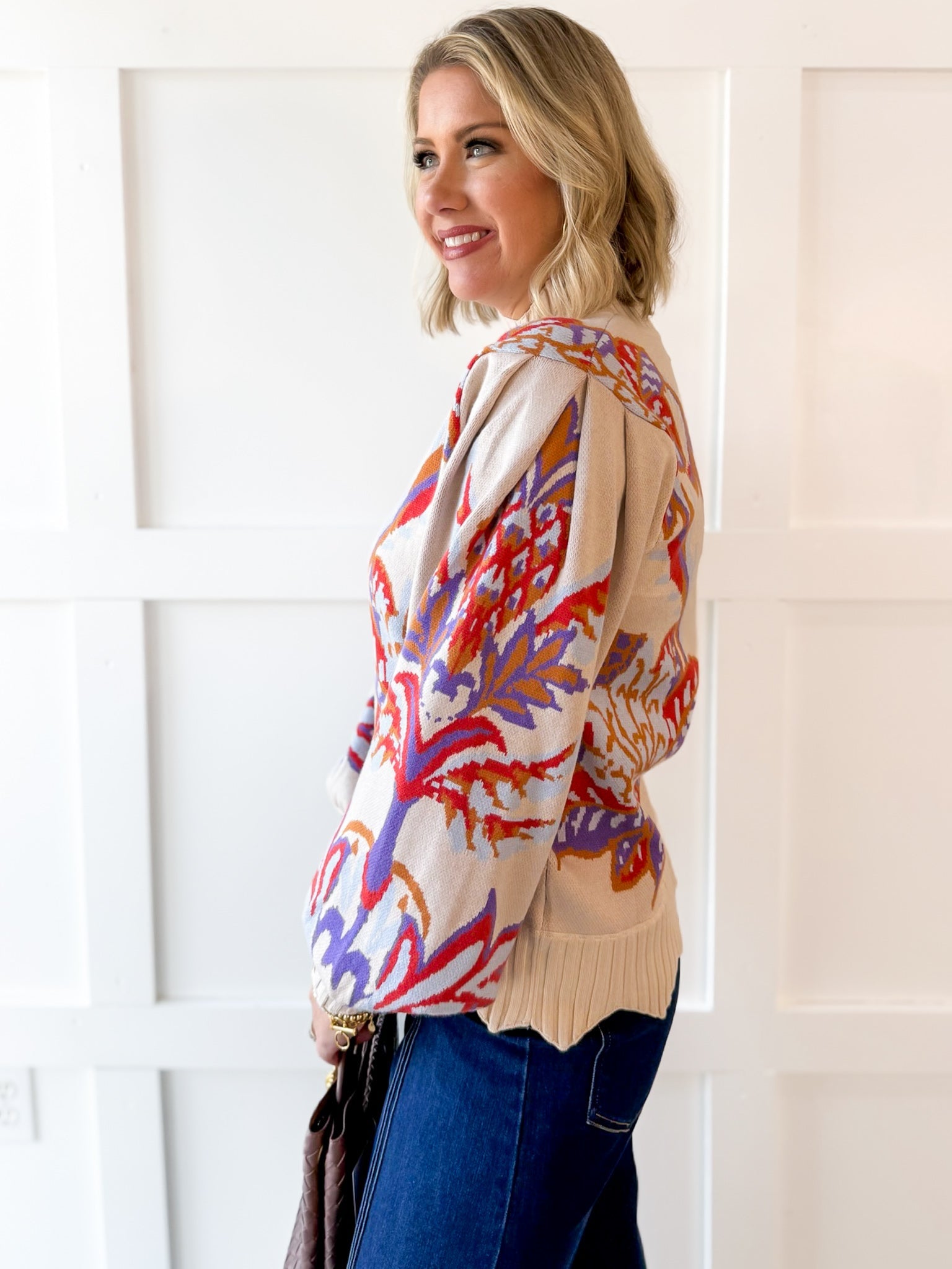 Floral & Leaf Motif Knit Sweater
