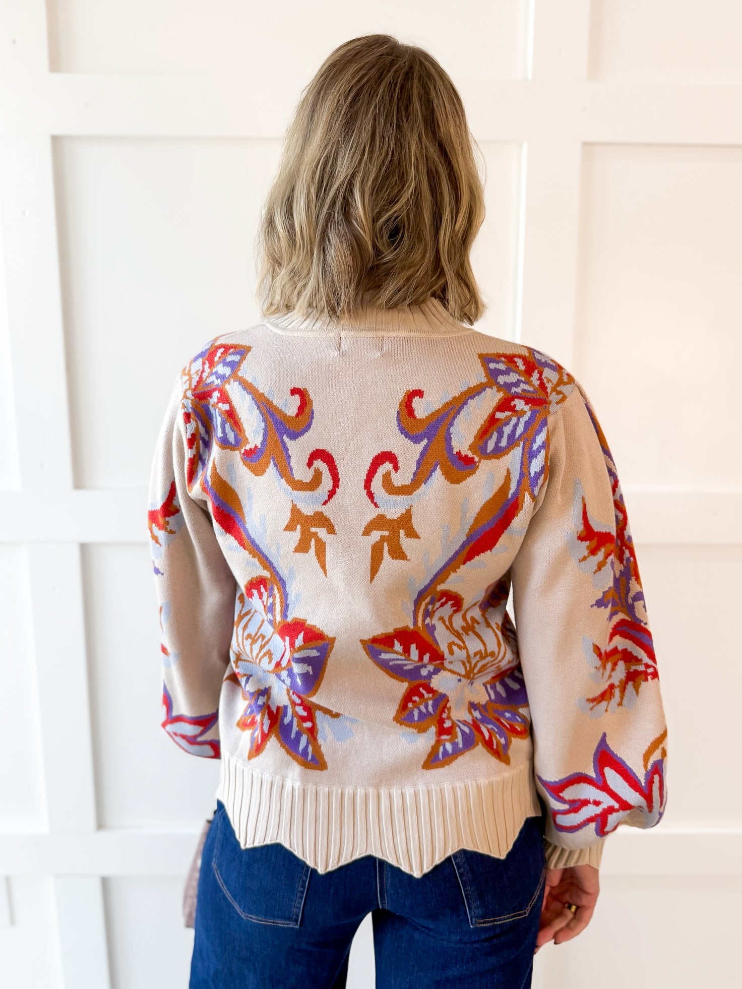 Floral & Leaf Motif Knit Sweater