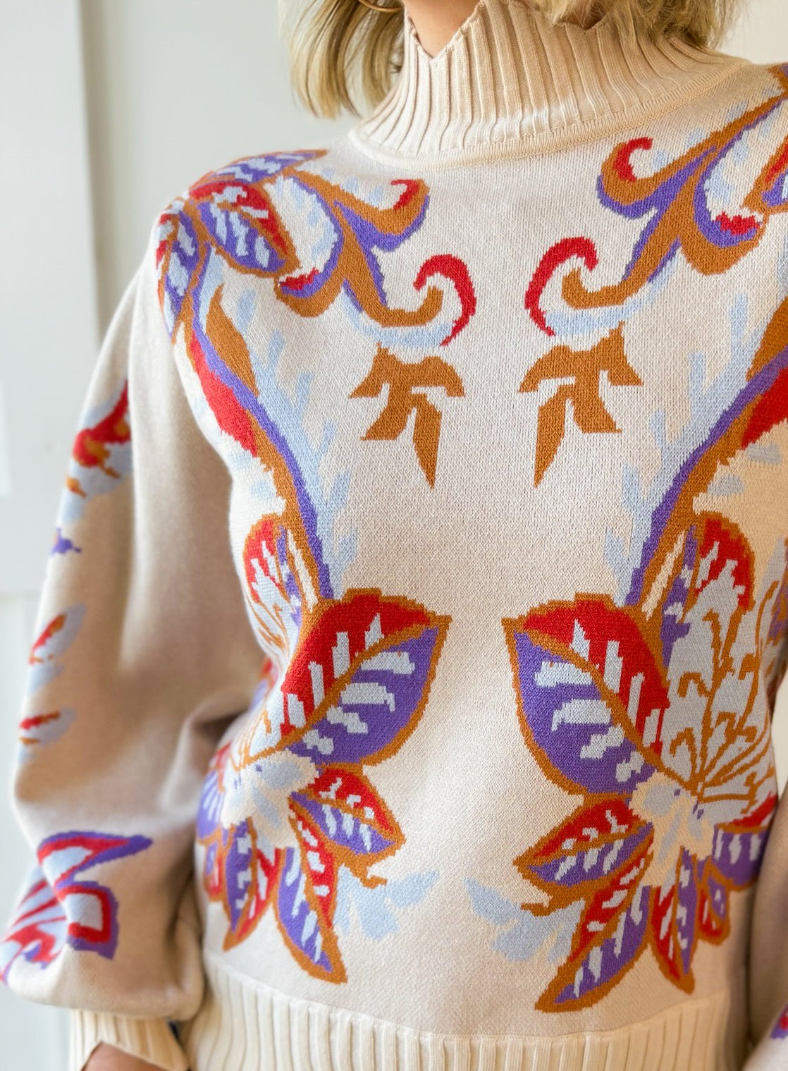 Floral & Leaf Motif Knit Sweater