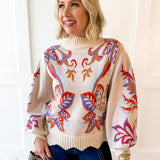 Floral & Leaf Motif Knit Sweater