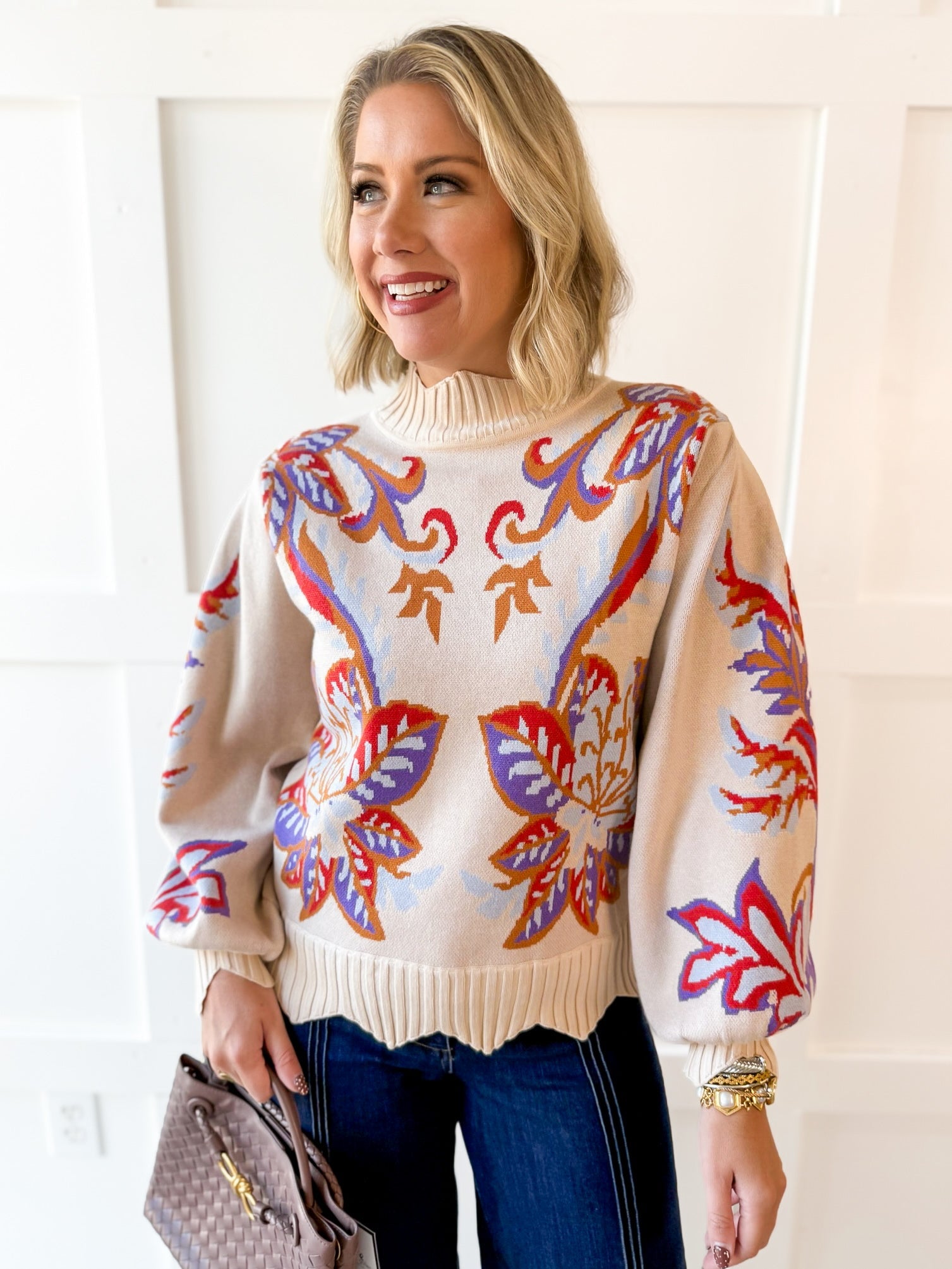 Floral & Leaf Motif Knit Sweater