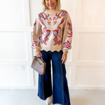 Floral & Leaf Motif Knit Sweater