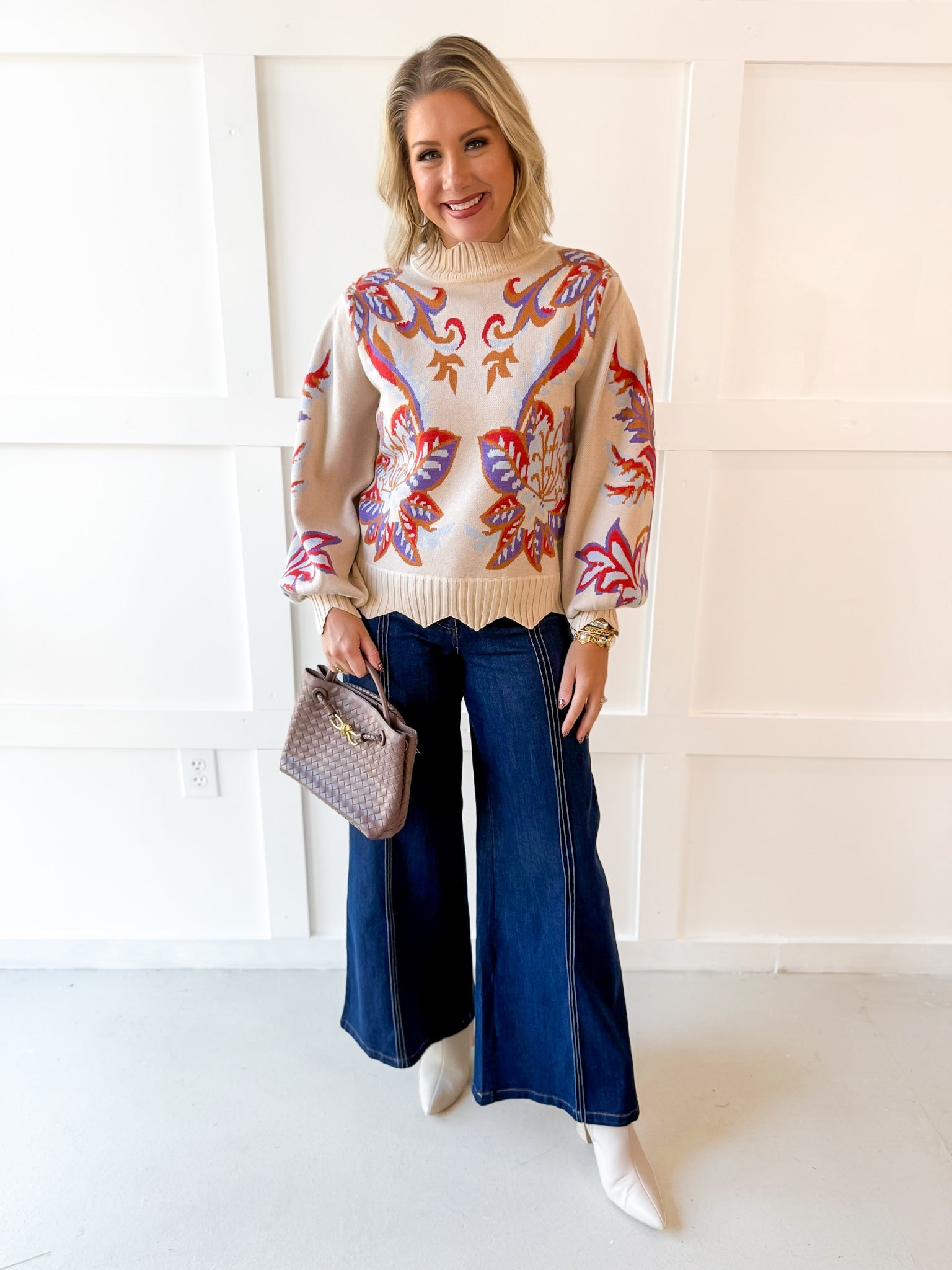 Floral & Leaf Motif Knit Sweater