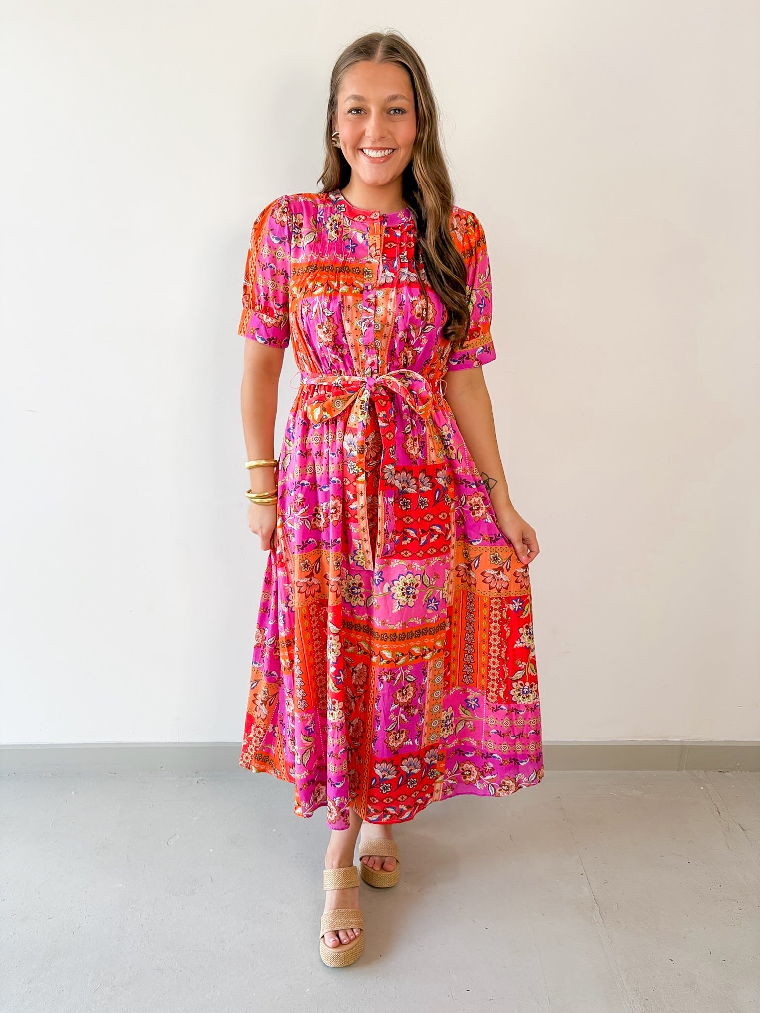 Floral Motif Belted Maxi Dress