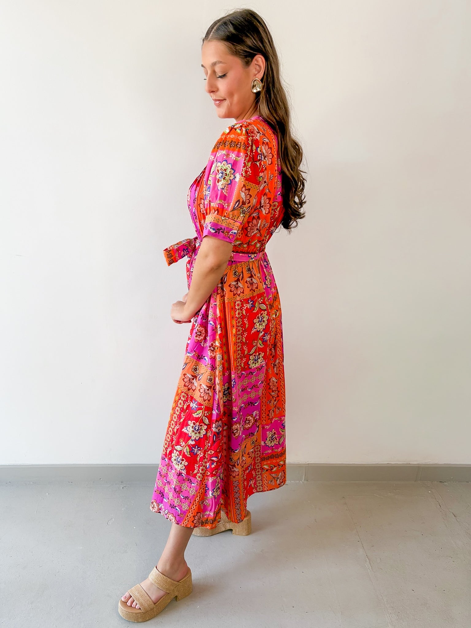 Floral Motif Belted Maxi Dress