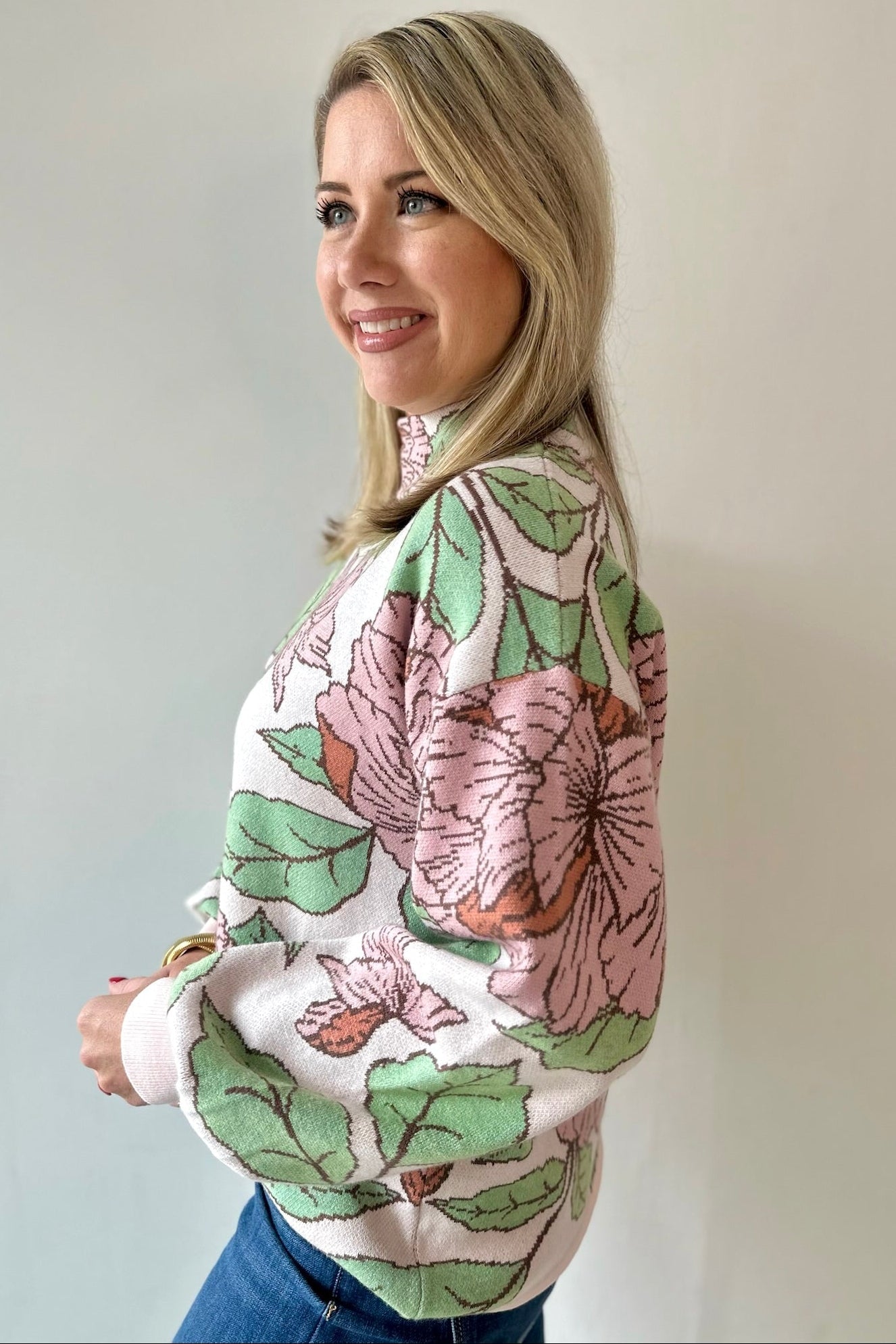 Floral Pattern Mock Neck Sweater