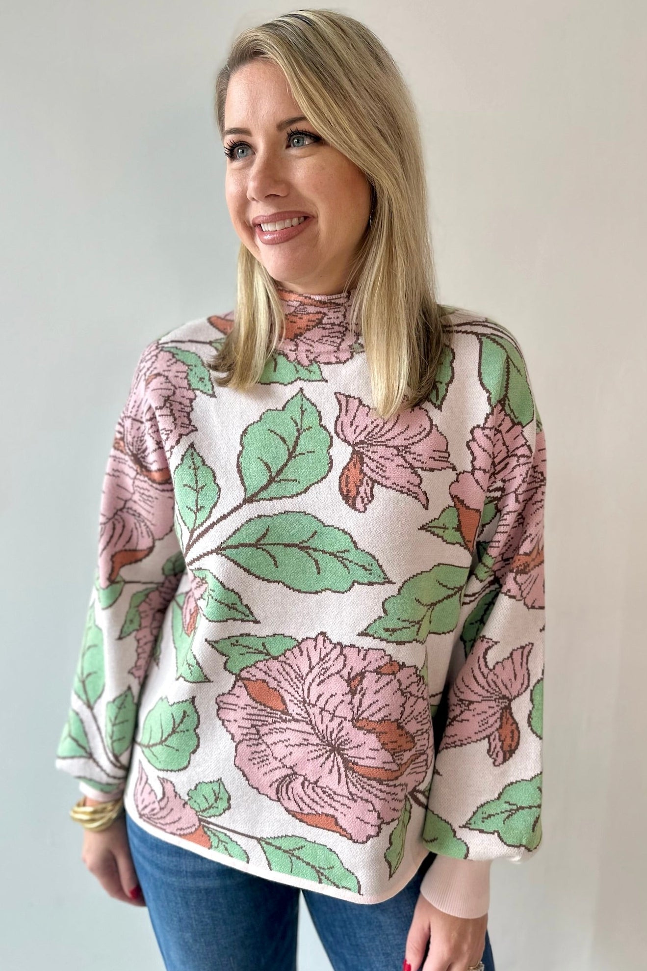 Floral Pattern Mock Neck Sweater