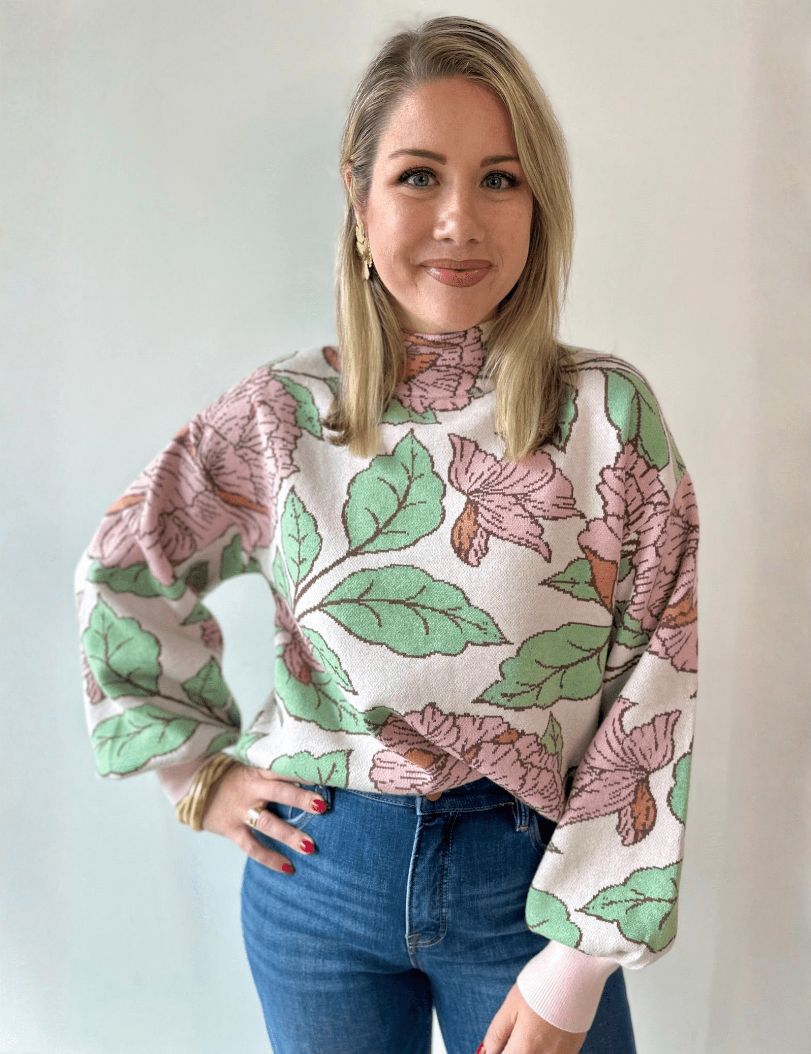 Floral Pattern Mock Neck Sweater