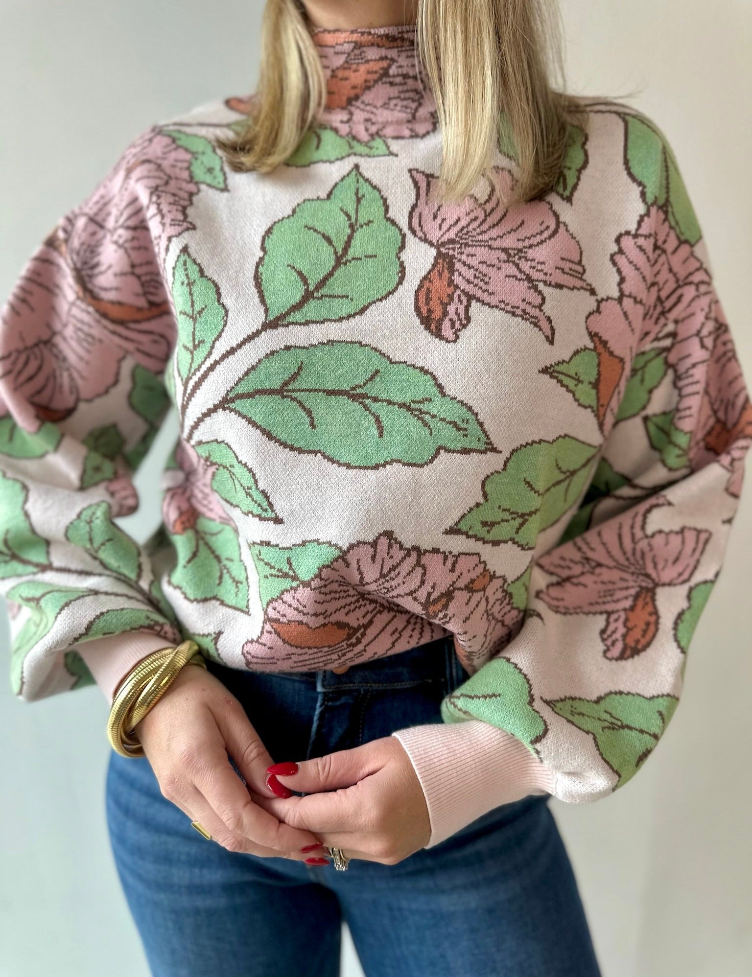 Floral Pattern Mock Neck Sweater