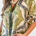 Floral Print Drop Sleeve Top - Olive