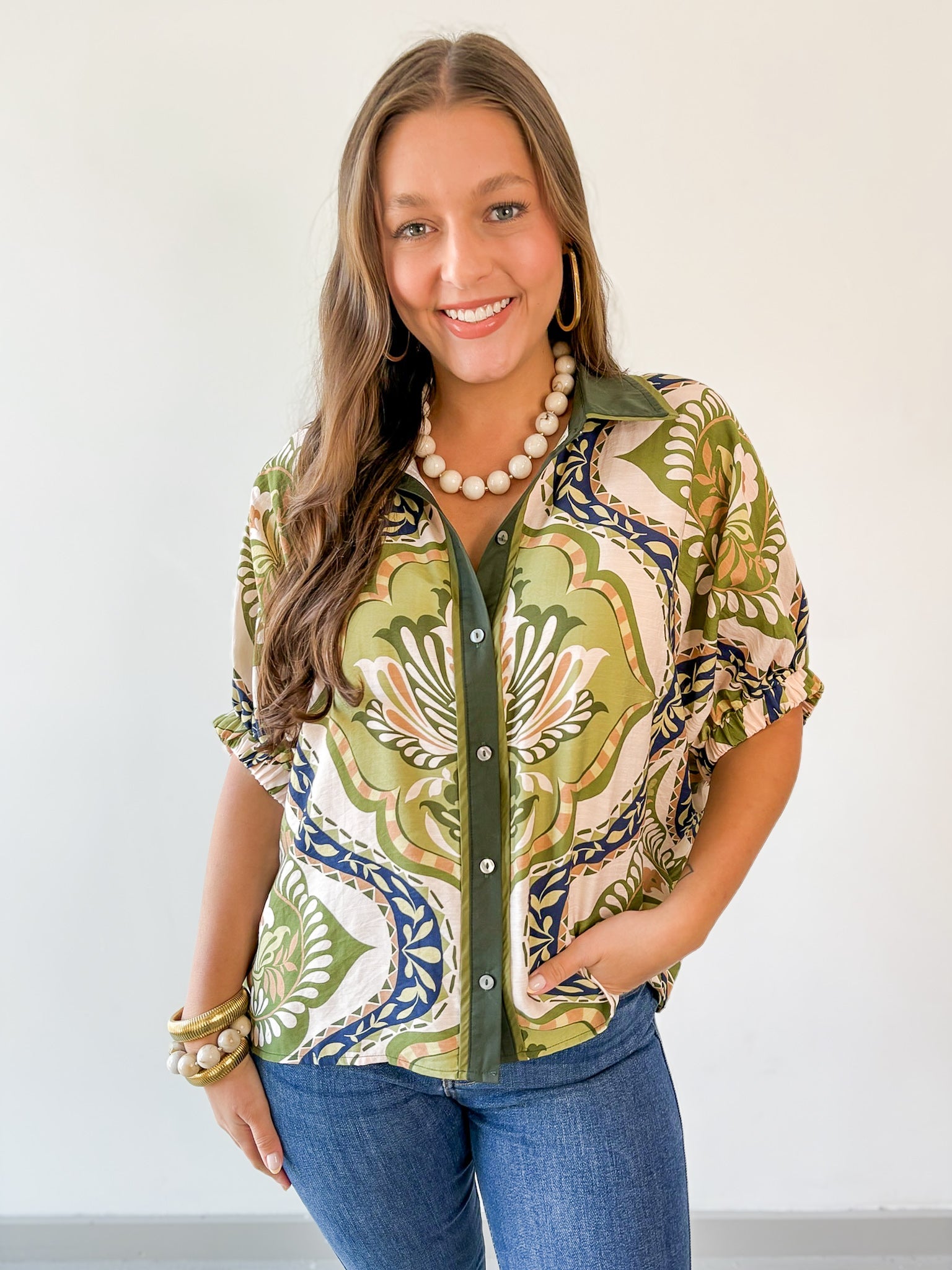 Floral Print Drop Sleeve Top - Olive