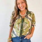 Floral Print Drop Sleeve Top - Olive