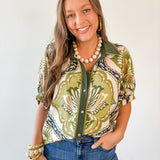 Floral Print Drop Sleeve Top - Olive