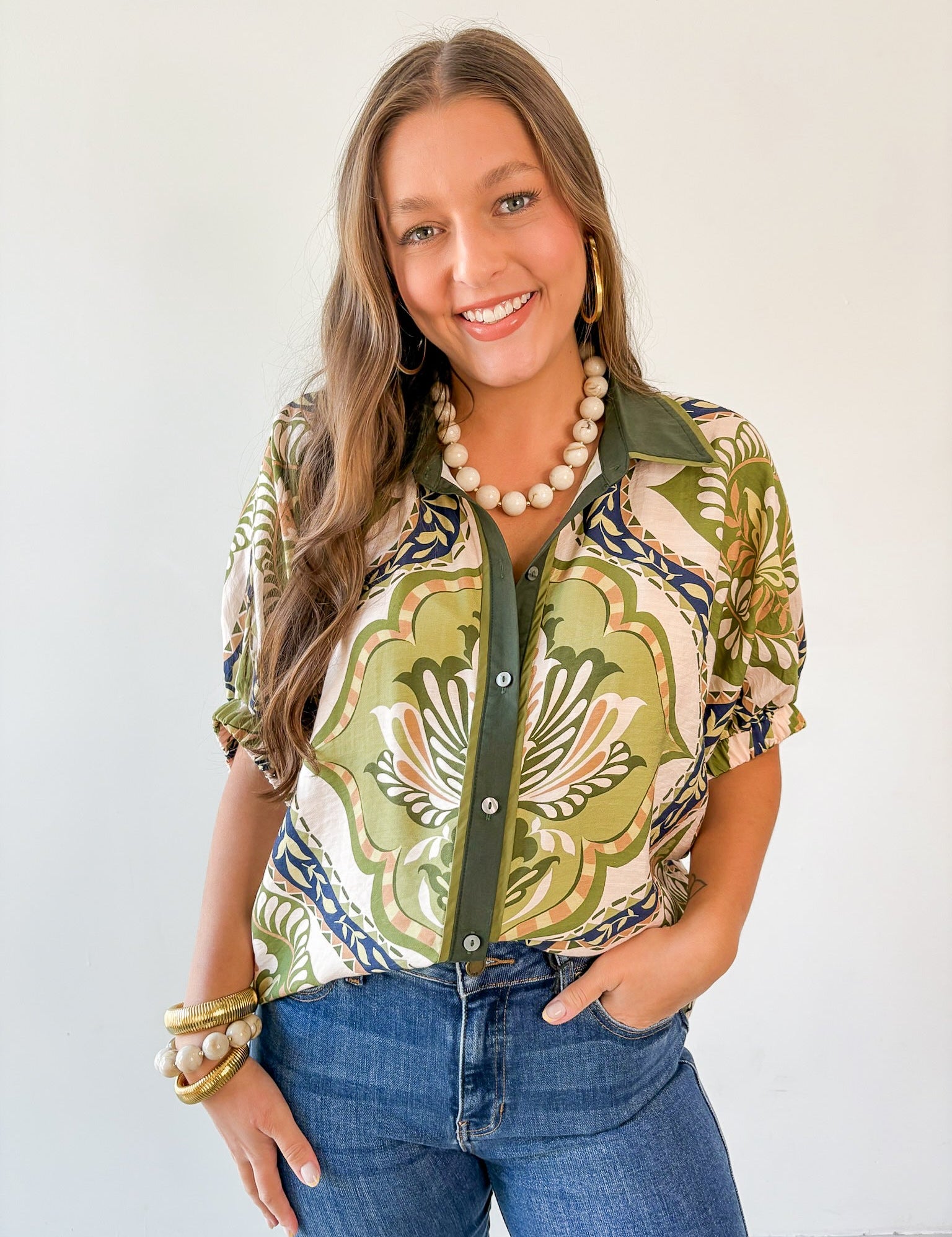 Floral Print Drop Sleeve Top - Olive
