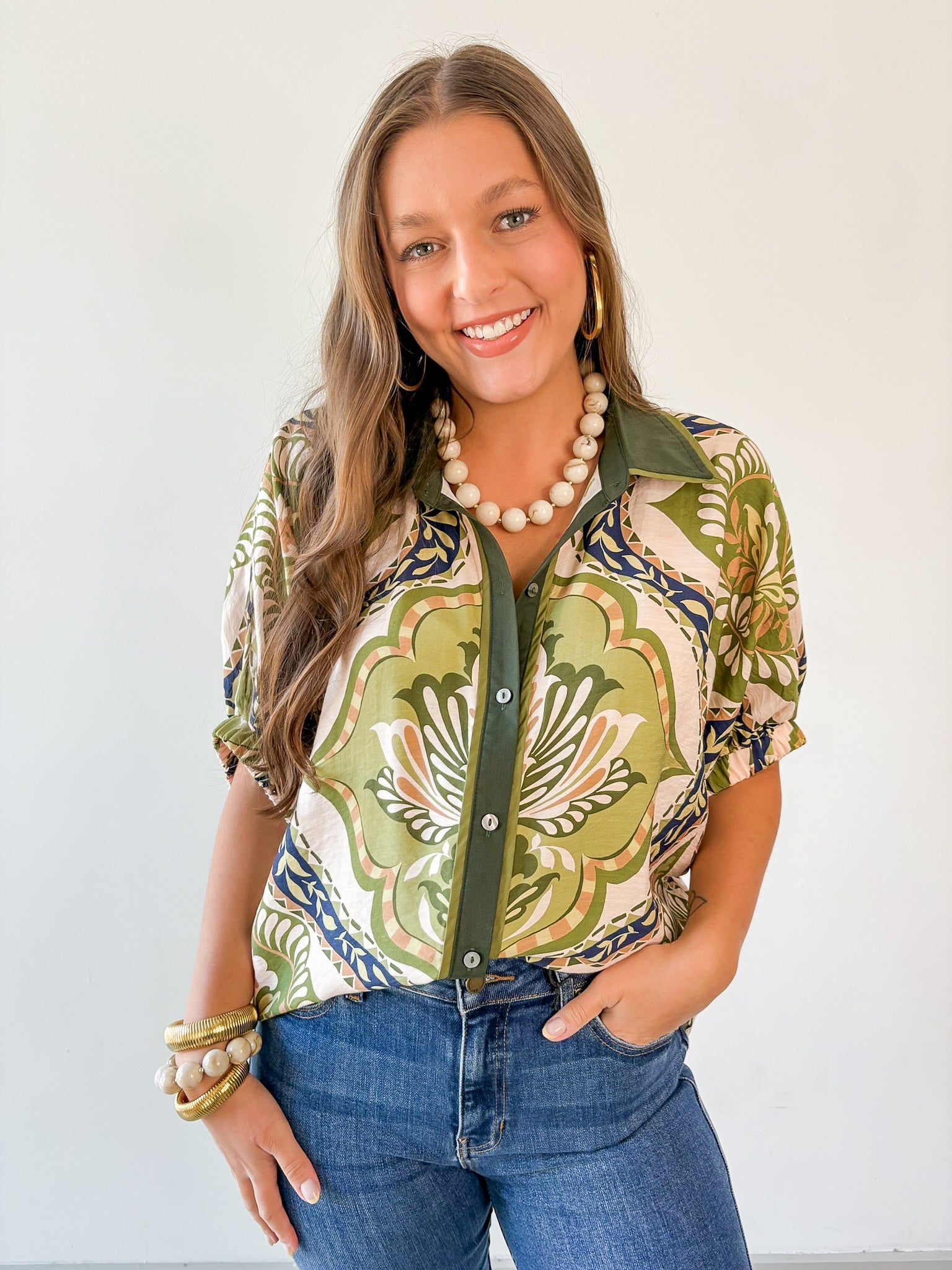 Floral Print Drop Sleeve Top - Olive